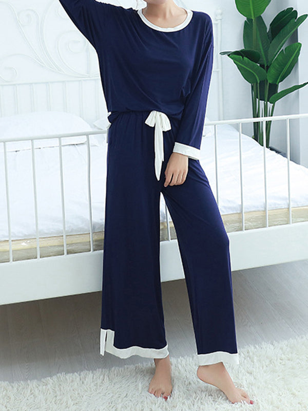 Contrast Color Long Sleeves Loose Round-neck Two Pieces Pajama Set