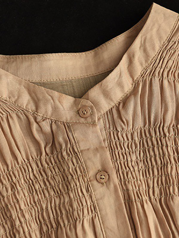 Pleated Solid Color Split-Joint Loose Three-Quarter Sleeves Stand Collar Blouses&Shirts Tops
