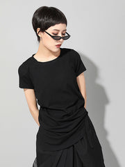 Black Asymmetric Pleats Short Sleeve Round-Neck T-Shirts