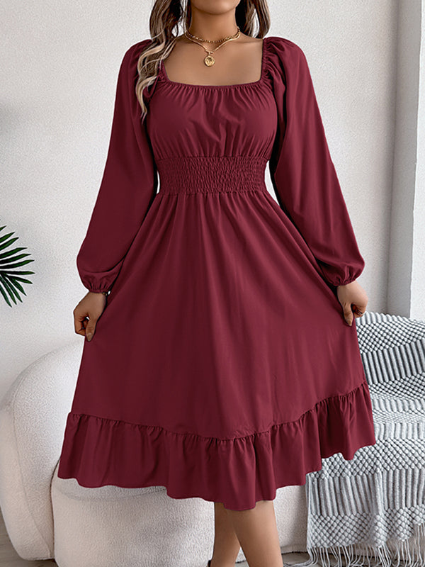 Pleated Ruffled Solid Color A-Line Elasticated Waist Square-Neck Midi Dresses