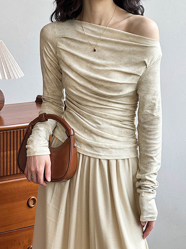 Pleated Split-Joint Long Sleeves Skinny Boat Neck T-Shirts