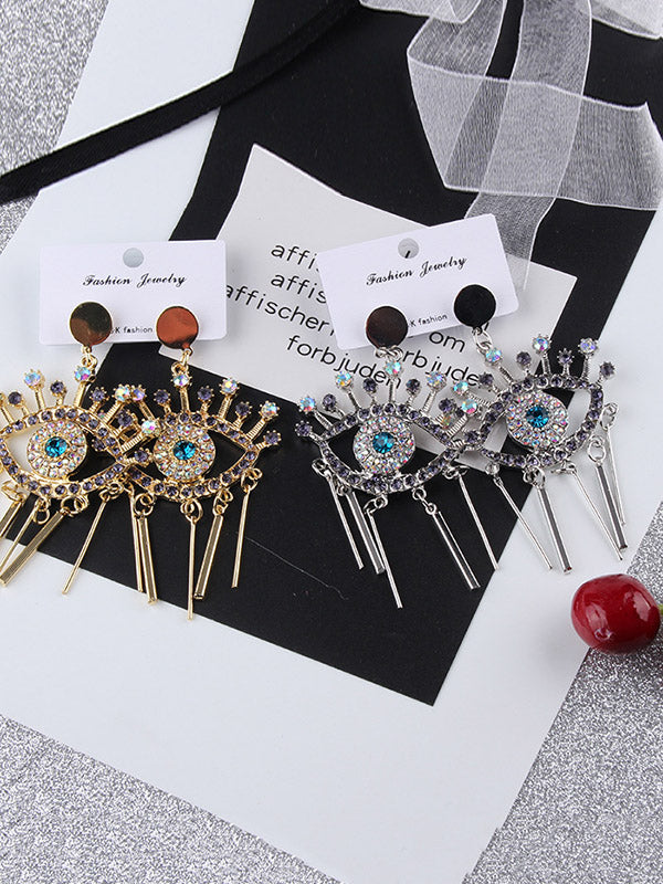 Eye Shape Rhine Stones Tasseled Drop Earrings