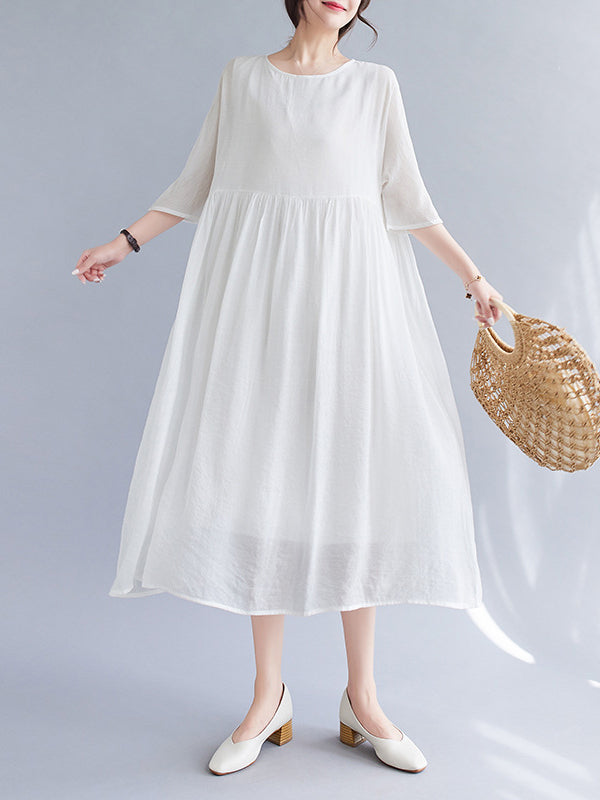Pleated See-Through Solid Color Split-Joint Loose Short Sleeves Round-Neck Midi Dresses
