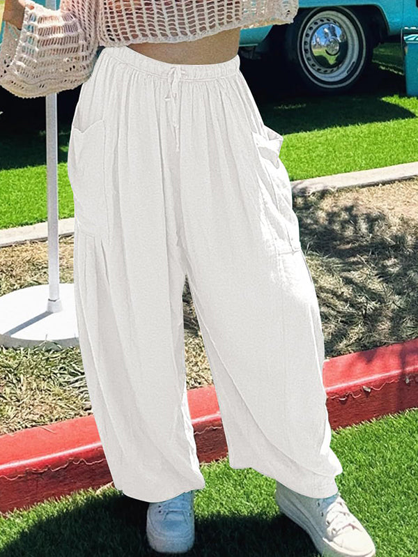 Drawstring Elasticity Pleated Pockets Solid Color High Waisted Loose Trousers Ninth Pants