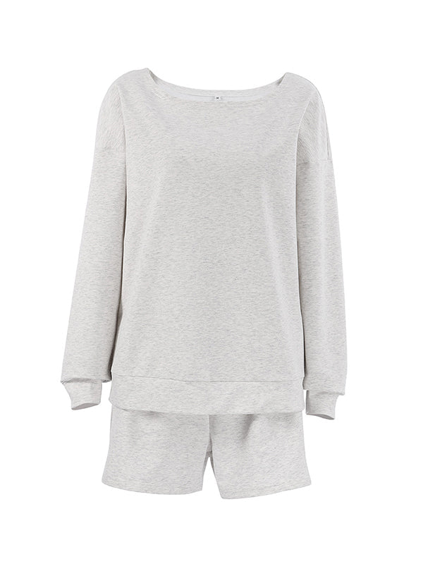 Round-Neck Long Sleeves Loose Elasticity Solid Color Shirts Top + Shorts Bottom Two Pieces Set