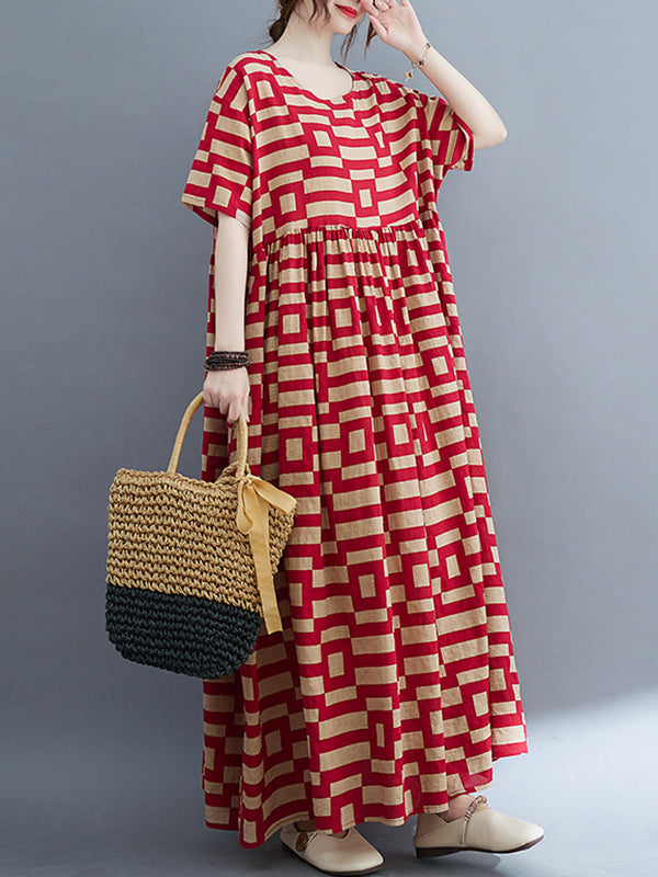 Plaid Loose Short Sleeves Round-Neck Midi Dresses