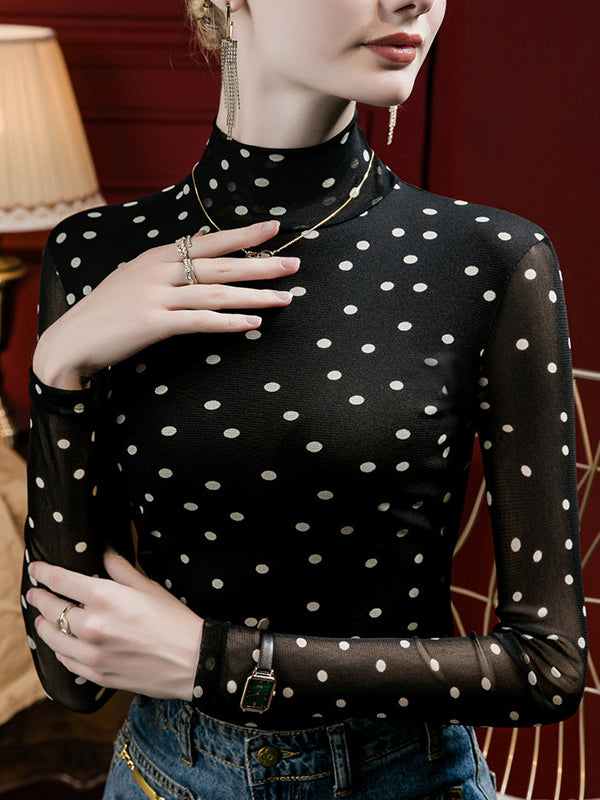 Polka-Dot Long Sleeves Plus Size Mock Neck T-Shirts Tops