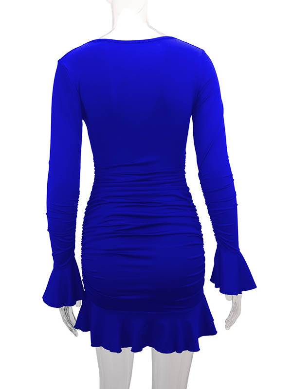 Pleated Ruffled Solid Color Split-Joint Bodycon Elasticated Waist V-Neck Midi Dresses