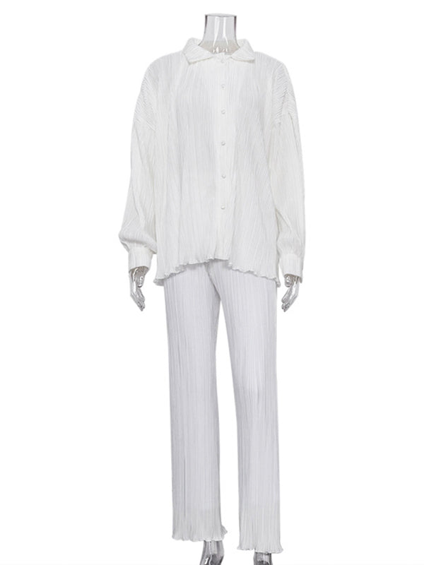 Loose Solid Color Pleated Blouse&Wide Legs Pants 2 Pieces Set