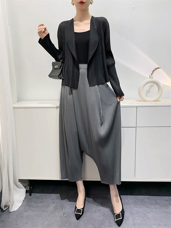 Elasticity Pleated Solid Color Split-Joint Harem Pants High Waisted Trousers Pants Ninth Pants