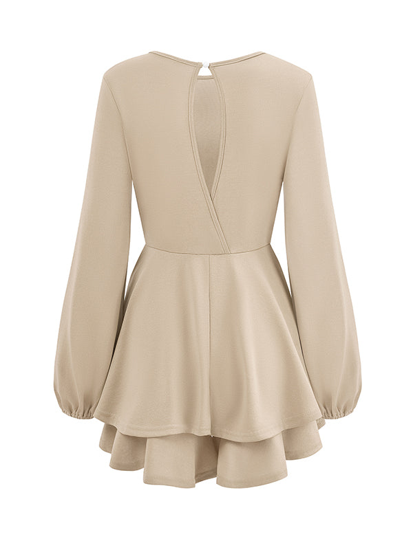 Elasticity Hollow Pleated Solid Color Long Sleeves Puff Sleeves Round-Neck Rompers
