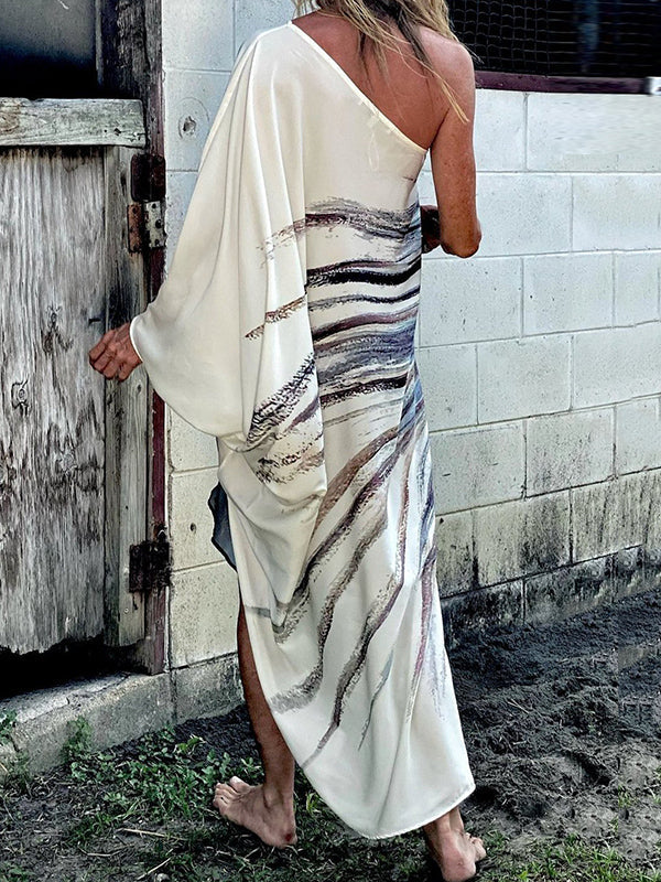 Animal Printed Asymmetric Long Sleeves Loose One-shoulder Maxi Dresses