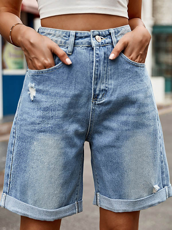 Buttoned Pockets High Waisted Loose Shorts Bottoms Jean Pants Bottoms