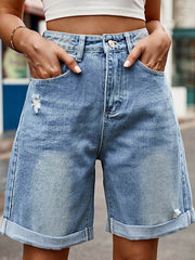 Buttoned Pockets High Waisted Loose Shorts Bottoms Jean Pants Bottoms