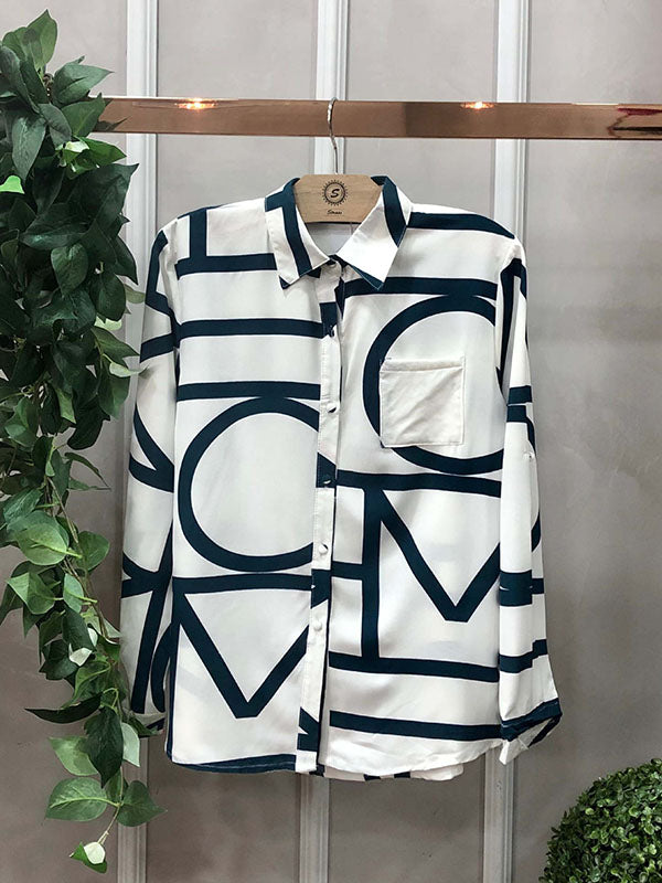 Contrast Color Printed Long Sleeves Loose Lapel Blouses