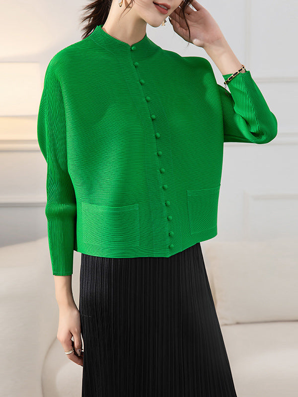 Buttoned Pleated Pockets Solid Color Long Sleeves Loose Round-Neck Outerwear