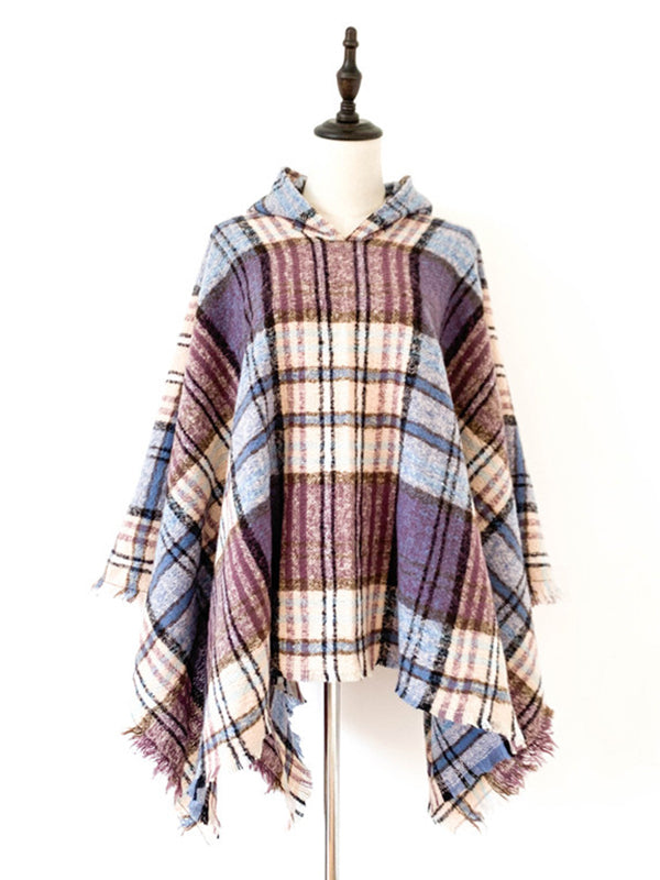 Fringed Hooded Keep Warm Plaid Shawl&Cloak Cape
