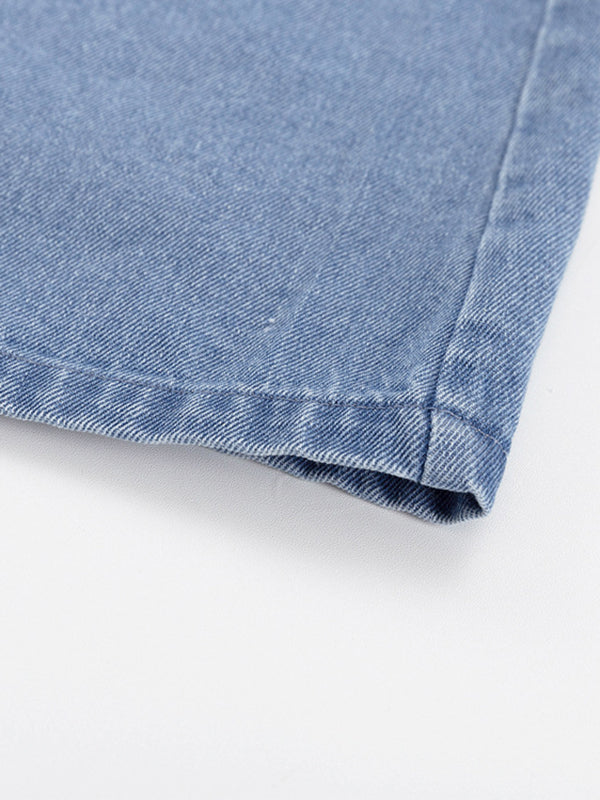 Long Sleeves Loose Split-Joint Tied Waist V-Neck Denim Mini Dresses