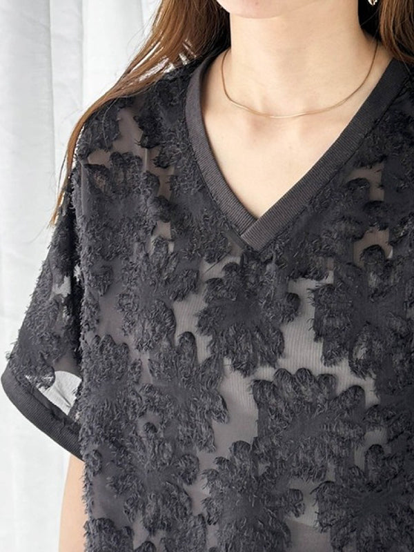 Mesh Solid Color Split-Side Half Sleeves Loose V-Neck Blouses&Shirts Tops