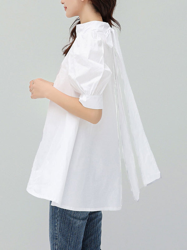 Casual Loose Bow-Embellished Solid Color Blouse