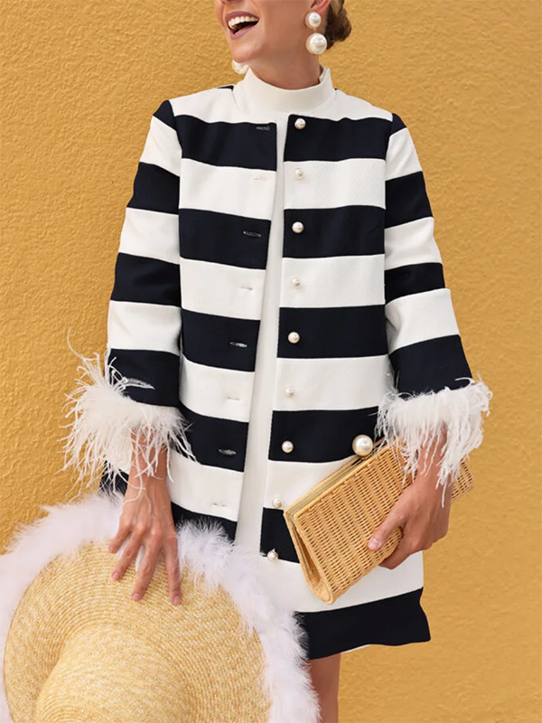 Loose Three-Quarter Sleeves Buttoned Striped Round-Neck Outerwear