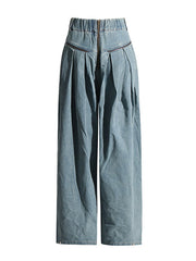 Pleated Pockets Split-Joint Zipper Loose Wide Leg Jean Pants Bottoms