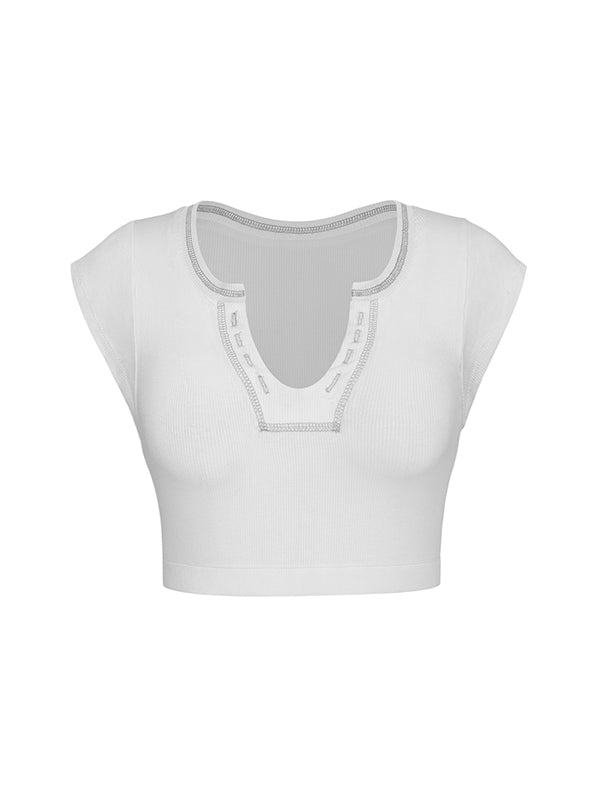 Split-Joint Cap Sleeve Skinny Deep V-Neck Vest Top