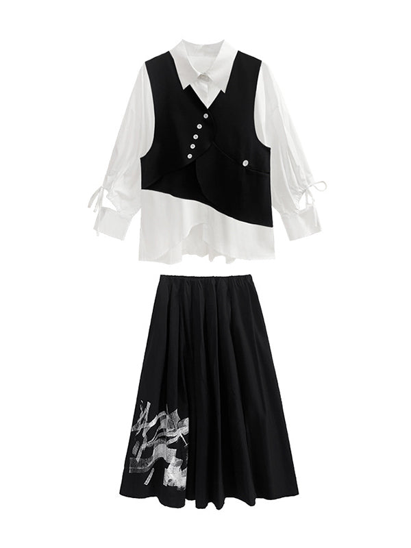 Original Loose Lace-Up Hollow Sleeve Blouse+Black Vest+Wide Leg Pants Culotte Three Pieces Set