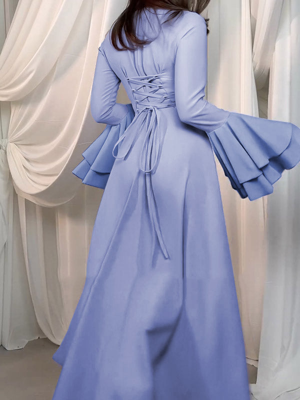 Pleated Solid Color A-Line Flared Sleeves Round-Neck Midi Dresses