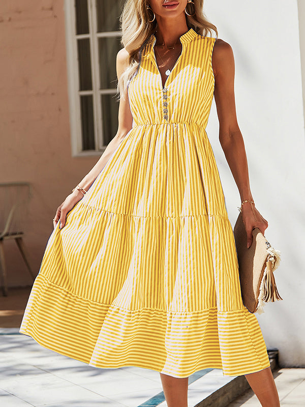 Buttoned Split-Joint Striped A-Line High Waisted V-Neck Midi Dresses