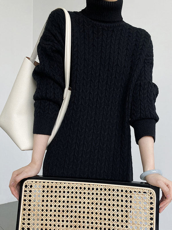 Stylish Loose Long Sleeves Solid Color High-Neck Twist Sweater Dresses