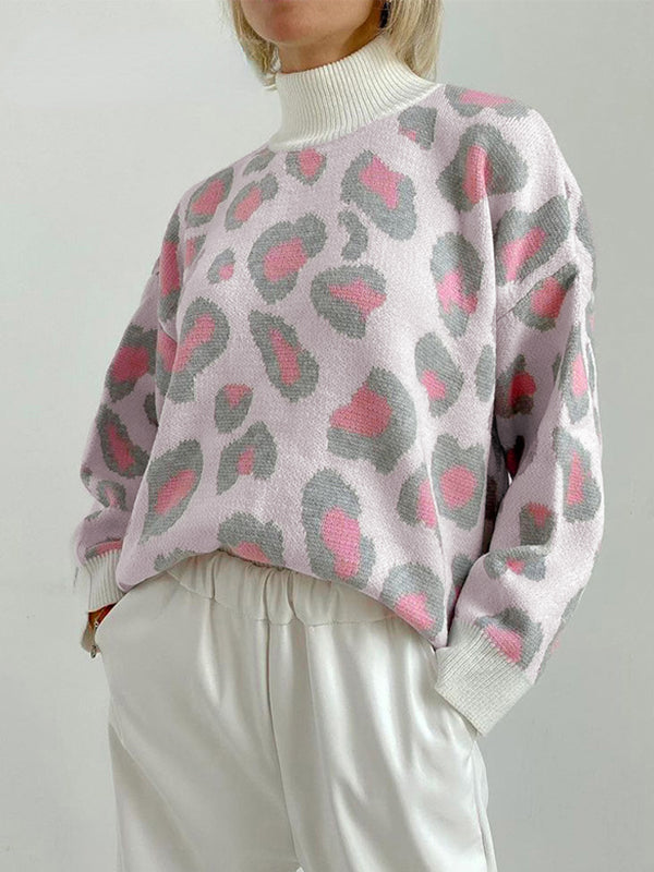Leopard Long Sleeves Loose Mock Neck Sweater Tops Pullovers