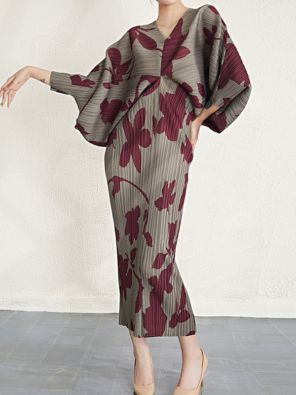 Pleated Printed Batwing Sleeves Loose V-Neck Midi Dresses