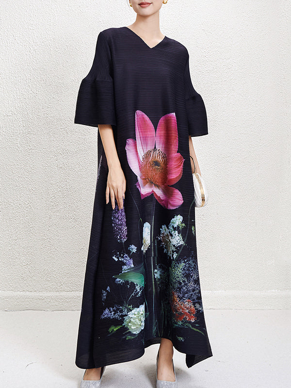 Flower Print Pleated A-Line Flared Sleeves V-Neck Maxi Dresses