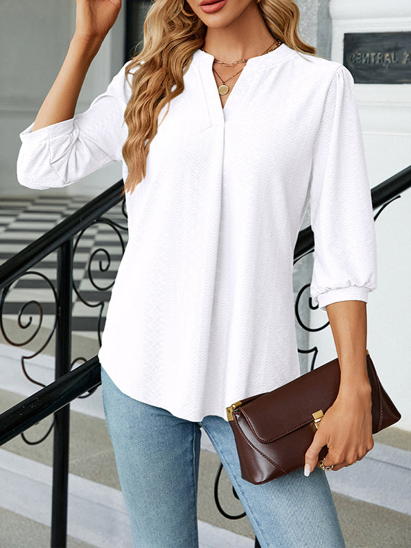 Jacquard Pleated Solid Color Split-Joint Loose Puff Sleeves V-Neck T-Shirts Tops