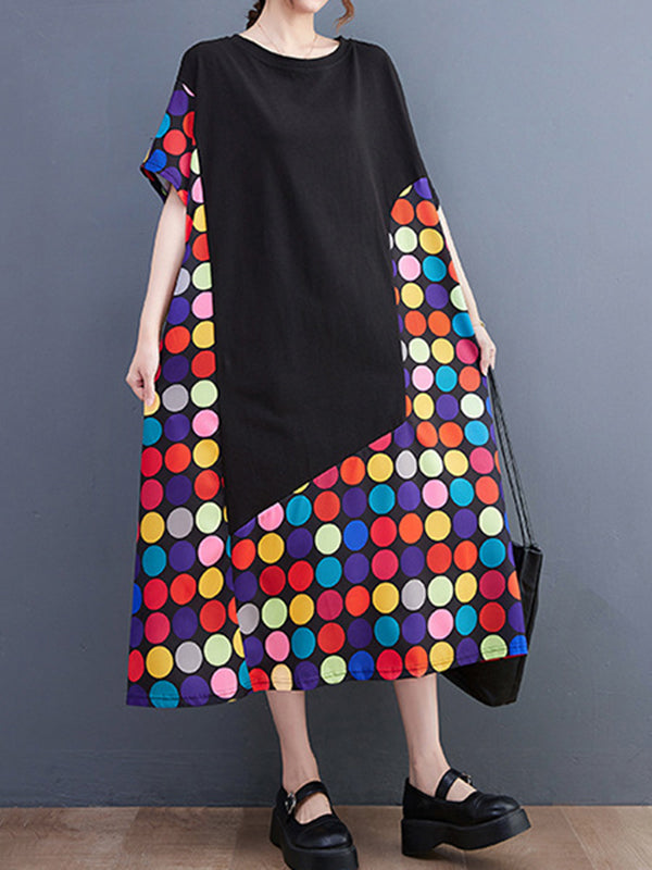 Multi-Colored Polka-Dot Split-Joint Loose Short Sleeves Round-Neck Midi Dresses