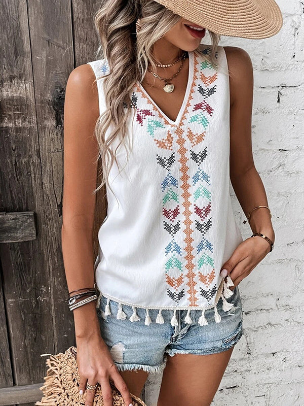 Embroidered Tasseled Loose Sleeveless V-Neck Vest Top