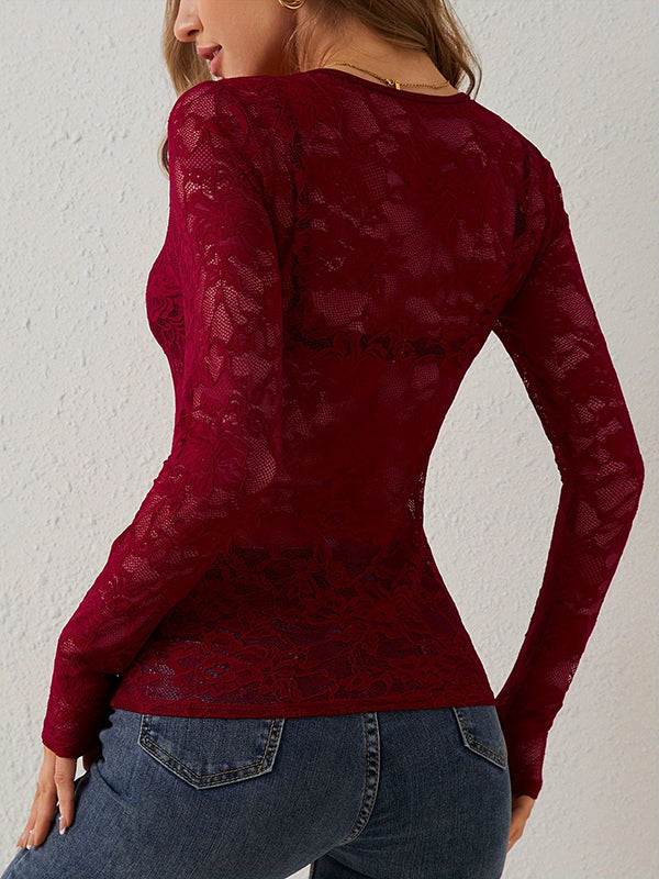 Lacy See-Through Solid Color Long Sleeves Skinny V-Neck T-Shirts