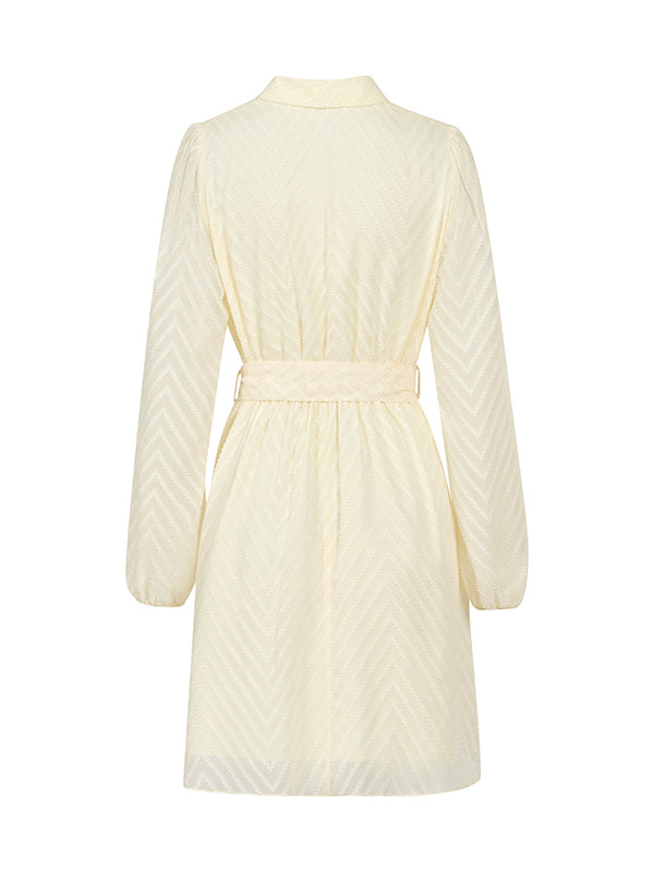 See-Through Solid Color Tied Waist A-Line Long Sleeves V-Neck Mini Dresses