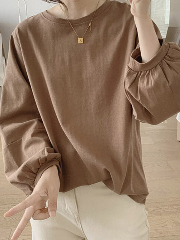 Pleated Solid Color Long Sleeves Loose Round-Neck T-Shirts Tops