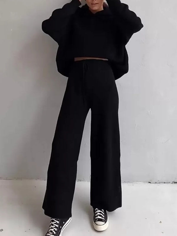 Solid Color Loose Round-Neck Hooded Long Sleeves Sweater Top + Drawstring Pants Bottom Two Pieces Set