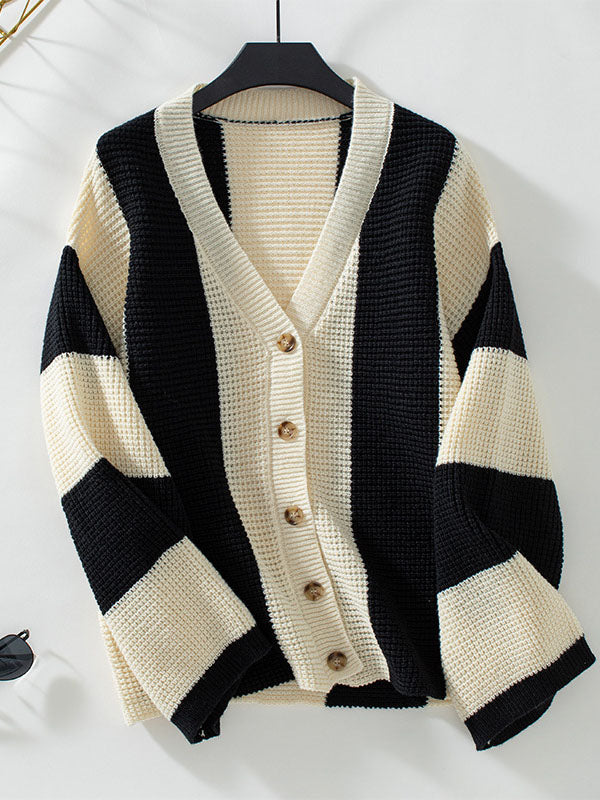 Buttoned Contrast Color Split-Joint Striped Long Sleeves Loose V-Neck Cardigan Tops