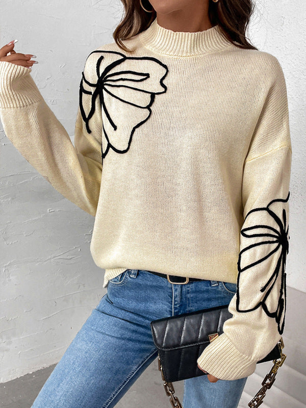 Flower Shape Split-Joint Long Sleeves Loose High Neck Sweater Tops