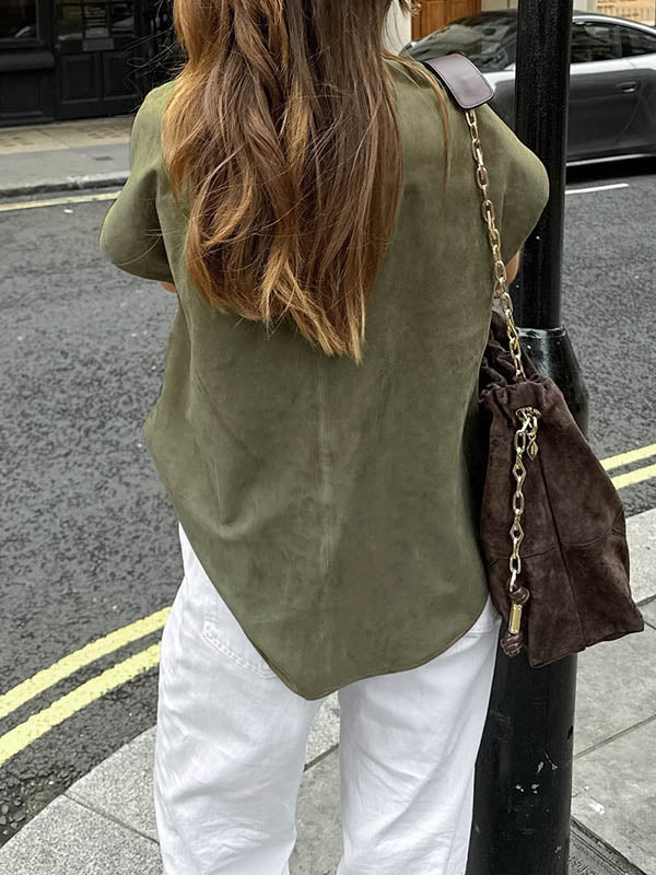 Buttoned Pockets Solid Color Loose Raglan Sleeve Lapel Blouses&Shirts Tops