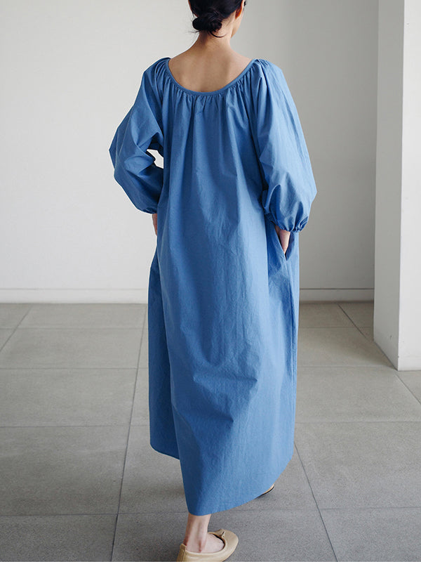 Original Casual Loose Solid Color Pleated Puff Sleeves Midi Dress