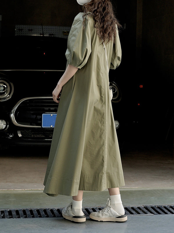 Solid Color Loose Puff Sleeves Round-Neck Midi Dresses