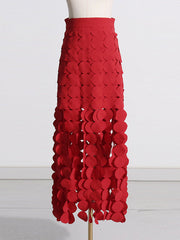 Hollow Polka-Dot Solid Color Tasseled High Waisted Loose Skirts Bottoms