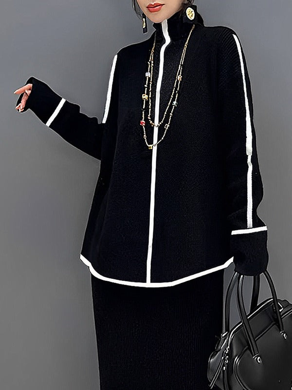 Contrast Color Long Sleeves Loose High Neck Sweater Tops