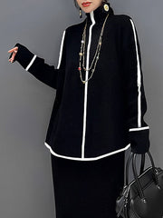 Contrast Color Long Sleeves Loose High Neck Sweater Tops