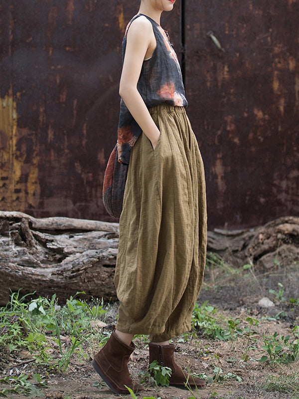 Elasticity Pleated Pockets Solid Color Split-Joint Bloomers Loose Casual Pants Bottoms